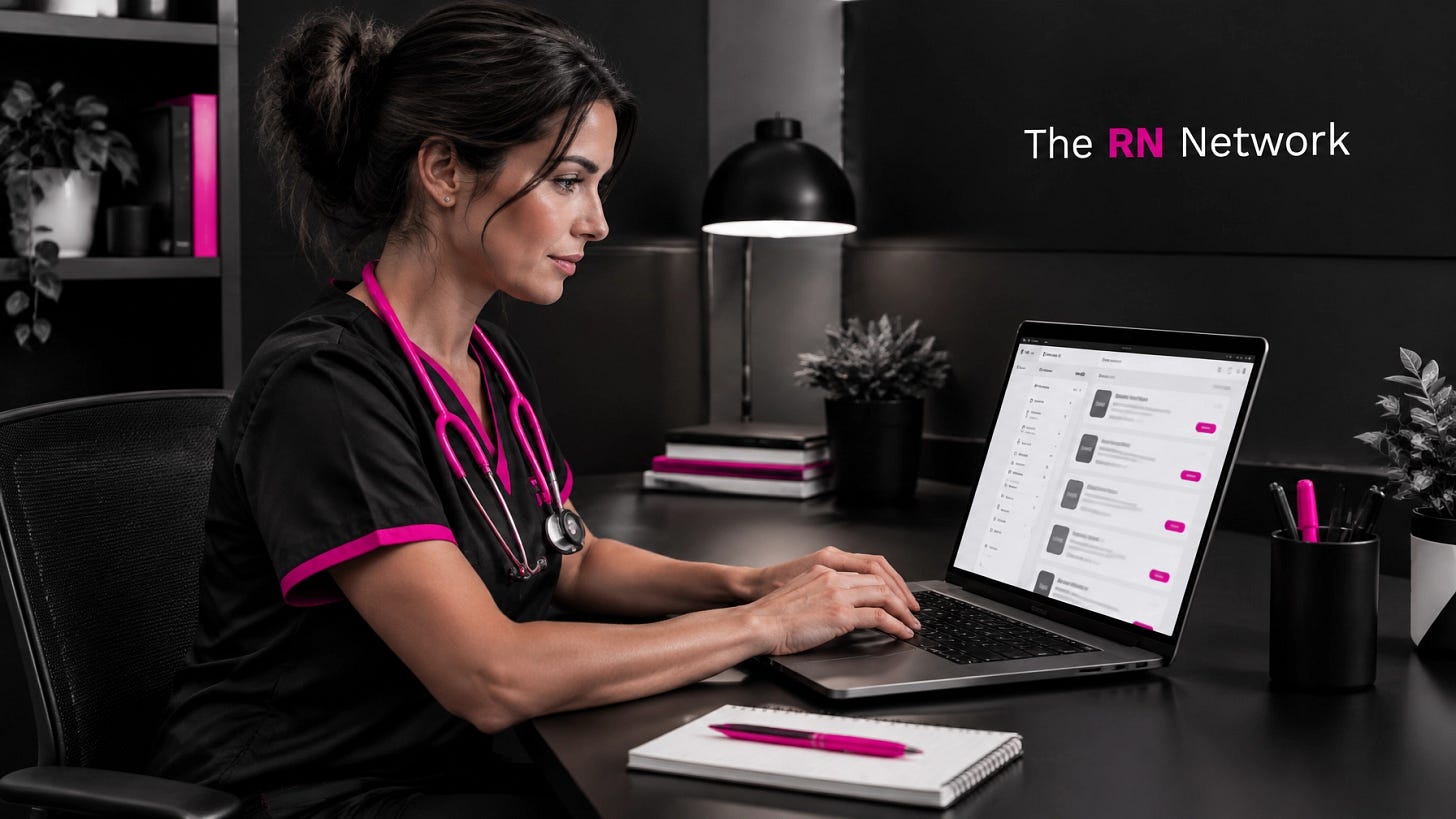 A nurse in black scrubs researches an employer and reviews a job listing on a laptop, with The RN Network logo A nurse in black scrubs researches an employer and reviews a job listing on a laptop, with The RN Network logo