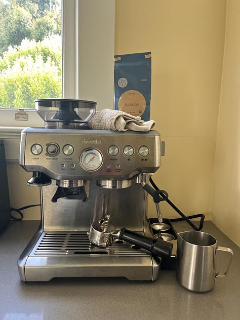 steel espresso machine on claire's kitchen counter