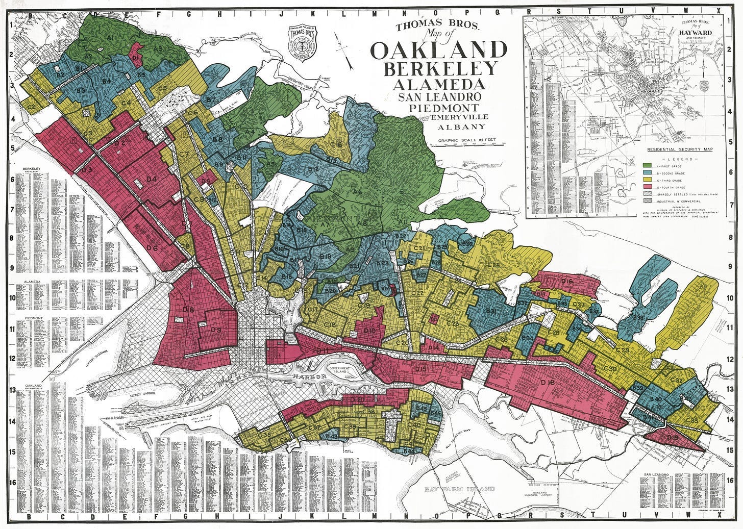 The racially discriminatory 1937 “redlining” Home Owners’ Loan Corporation (HOLC) Residential Security Map for Oakland. . (Source: Mapping Inequality: Redlining in New Deal America)