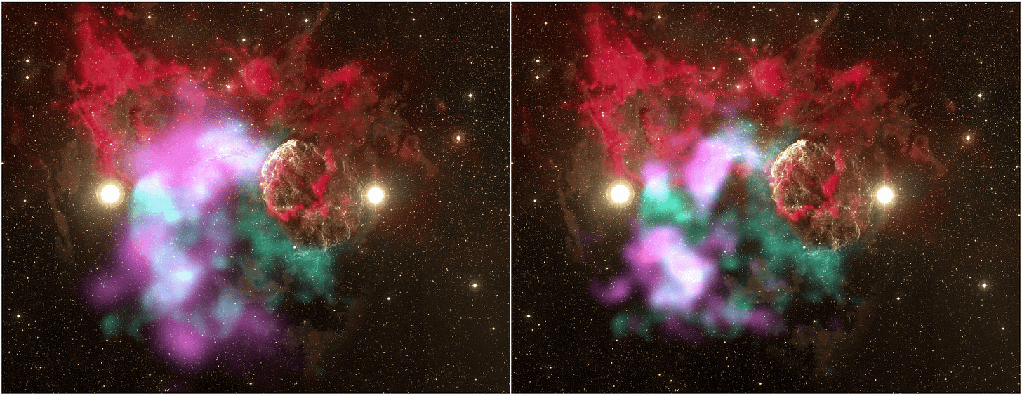 Side-by-side images of a nebula feature colored gas clouds in pink, blue, and cyan against a starry background, where subtle differences between the two panels evoke the story of separated stars reunited after distant supernovae. Side-by-side images of a nebula feature colored gas clouds in pink, blue, and cyan against a starry background, where subtle differences between the two panels evoke the story of separated stars reunited after distant supernovae.