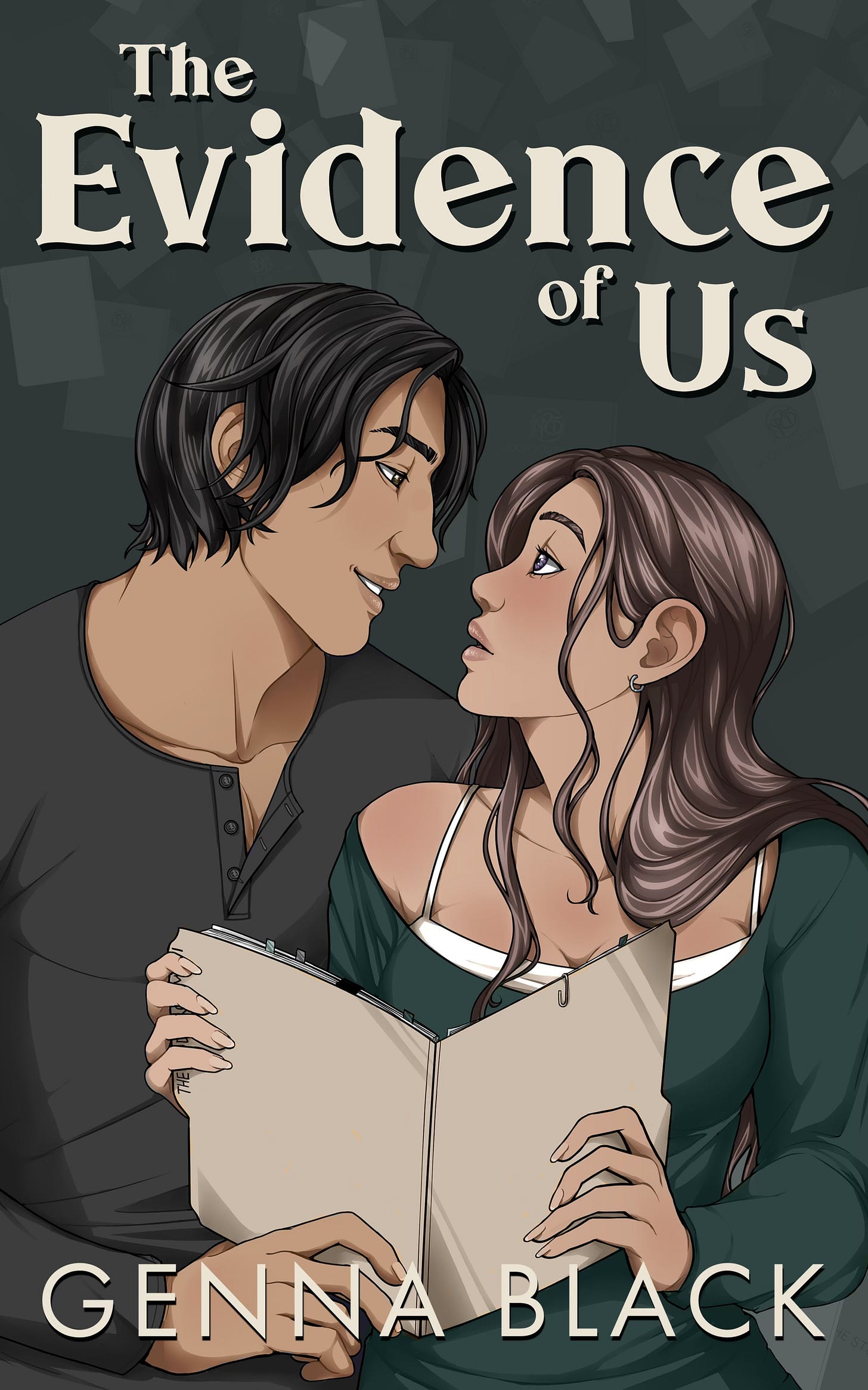 The Evidence of Us cover that features the 2 main characters Theo and Lila staring at each over over an evidence folder