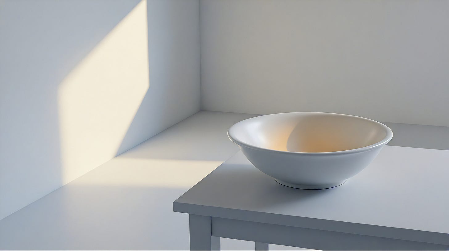 A plain white bowl, empty, sitting alone in the corner of a white room where two sunlit walls meet.