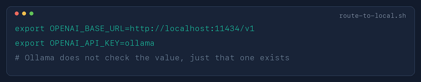 Code card titled route-to-local.sh showing: export OPENAI_BASE_URL=http://localhost:11434/v1, export OPENAI_API_KEY=ollama, with a comment noting Ollama doesn't check the key's value.
