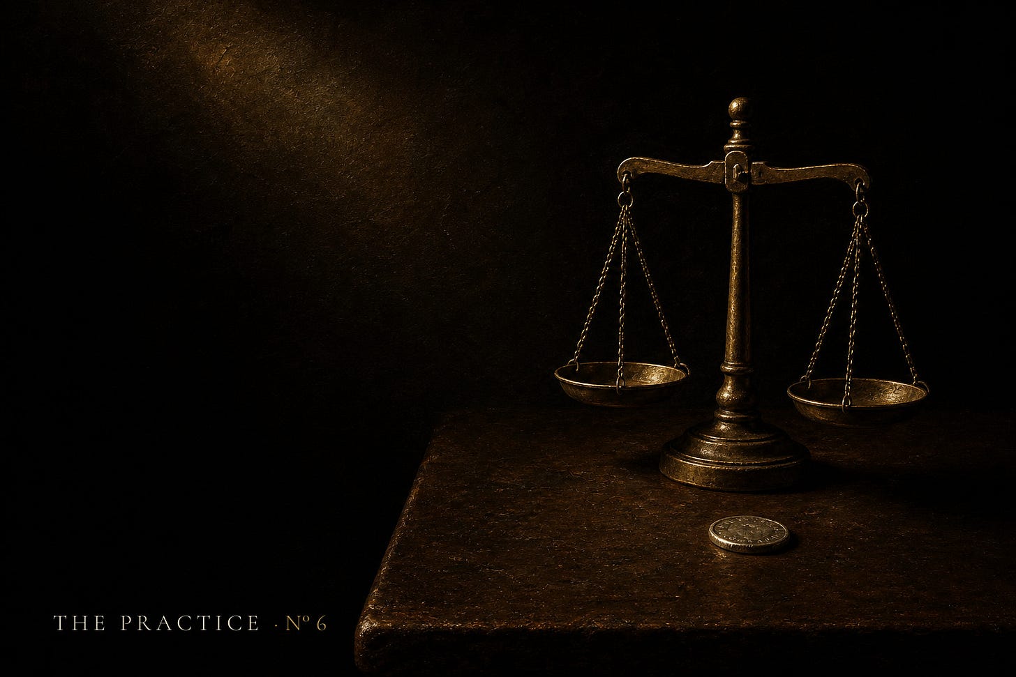 A brass balance scale beside a silver coin on a dark wooden table in warm chiaroscuro light.