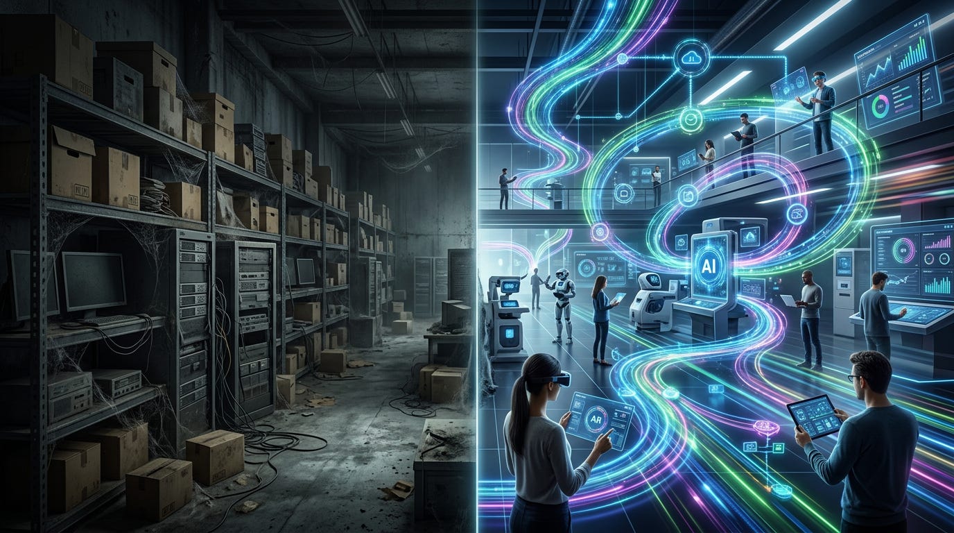 Split image of legacy IT storage versus modern AI-powered digital workflows and systems.