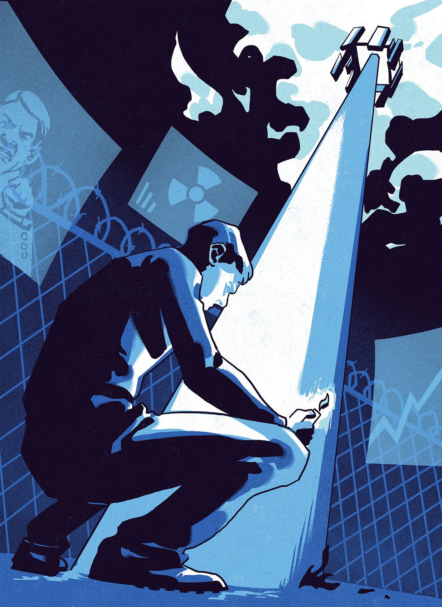 An illustration of a man lighting a fire at the bottom of a cell tower An illustration of a man lighting a fire at the bottom of a cell tower