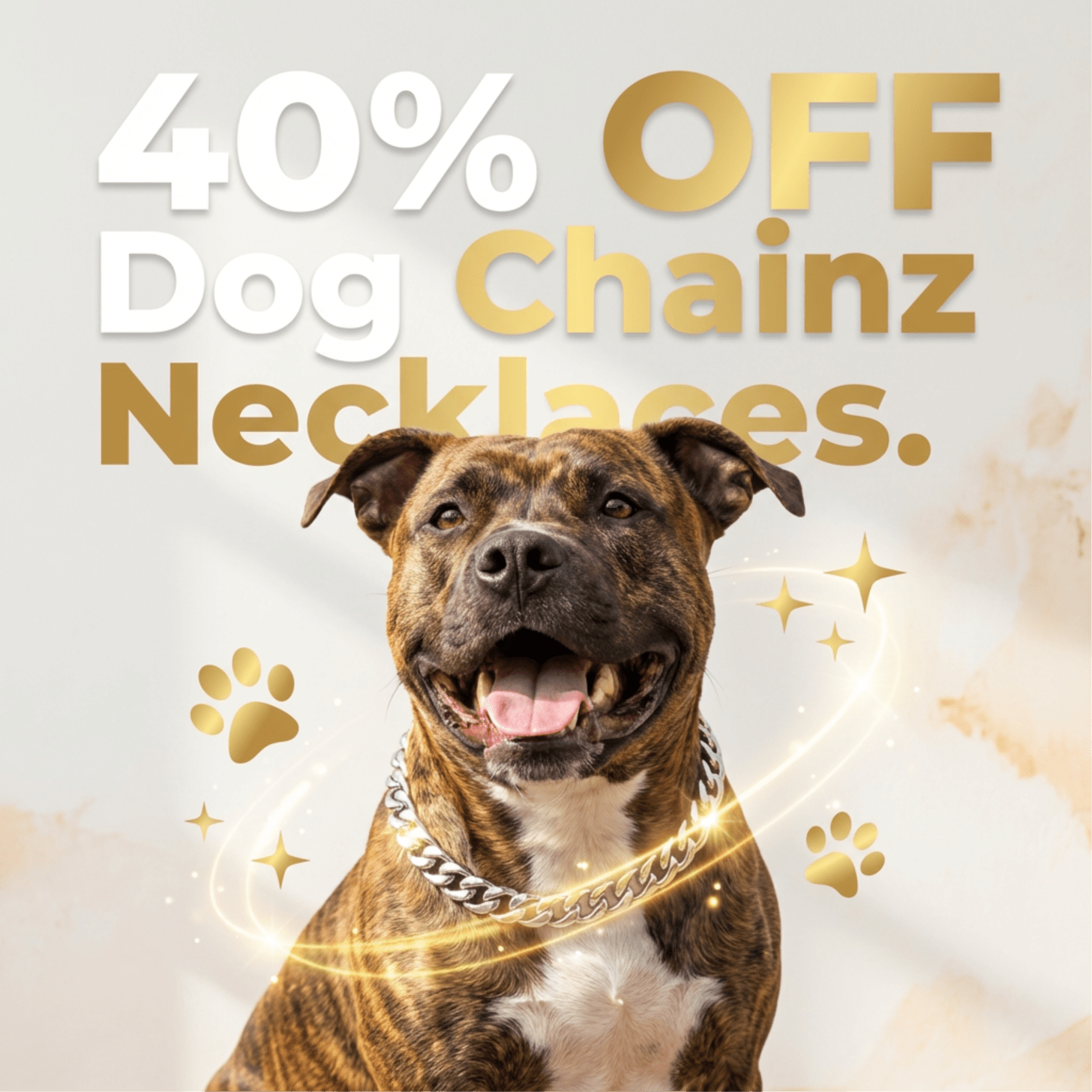 A promotional graphic featuring a smiling brown-and-white dog wearing a silver chain collar. Large gold and white text reads ‘40% OFF Dog Chainz Necklaces.’ Gold paw-print icons and sparkles frame the dog. Lighting is clean and studio-style, with crisp, readable typography.