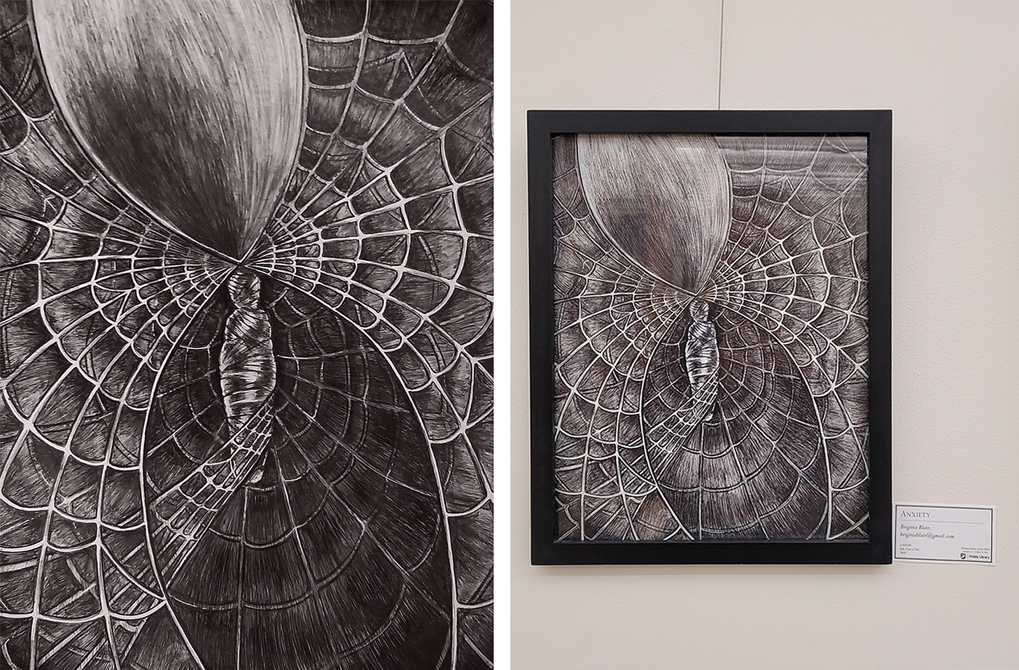 Pen and ink piece called "Anxiety" by Brigitta Blair featured on a wall at an art gallery Pen and ink piece called "Anxiety" by Brigitta Blair featured on a wall at an art gallery