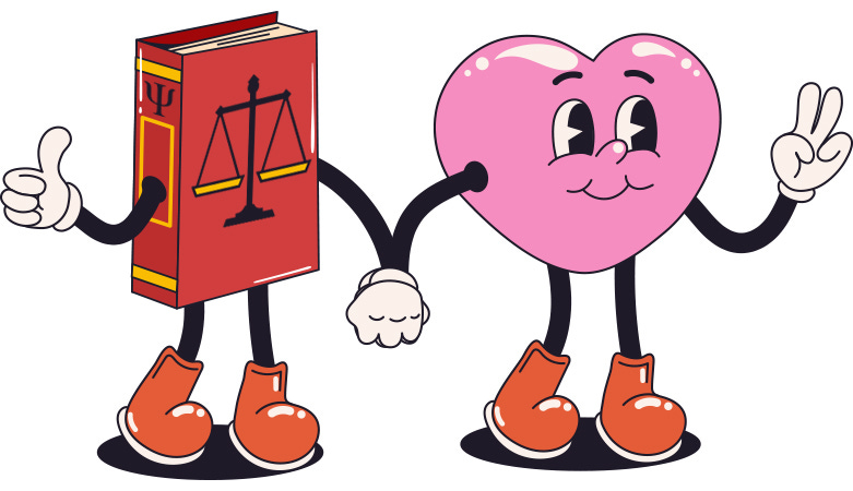 A cartoon of the APA Ethics Code book holding hands with a cartoon heart, representing the care ethics brings to a researcher's toolkit.