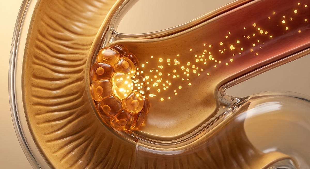 A 3D cross-section illustration of enteroendocrine L-cells in the intestinal lining releasing glowing golden GLP-1 molecules into the bloodstream.