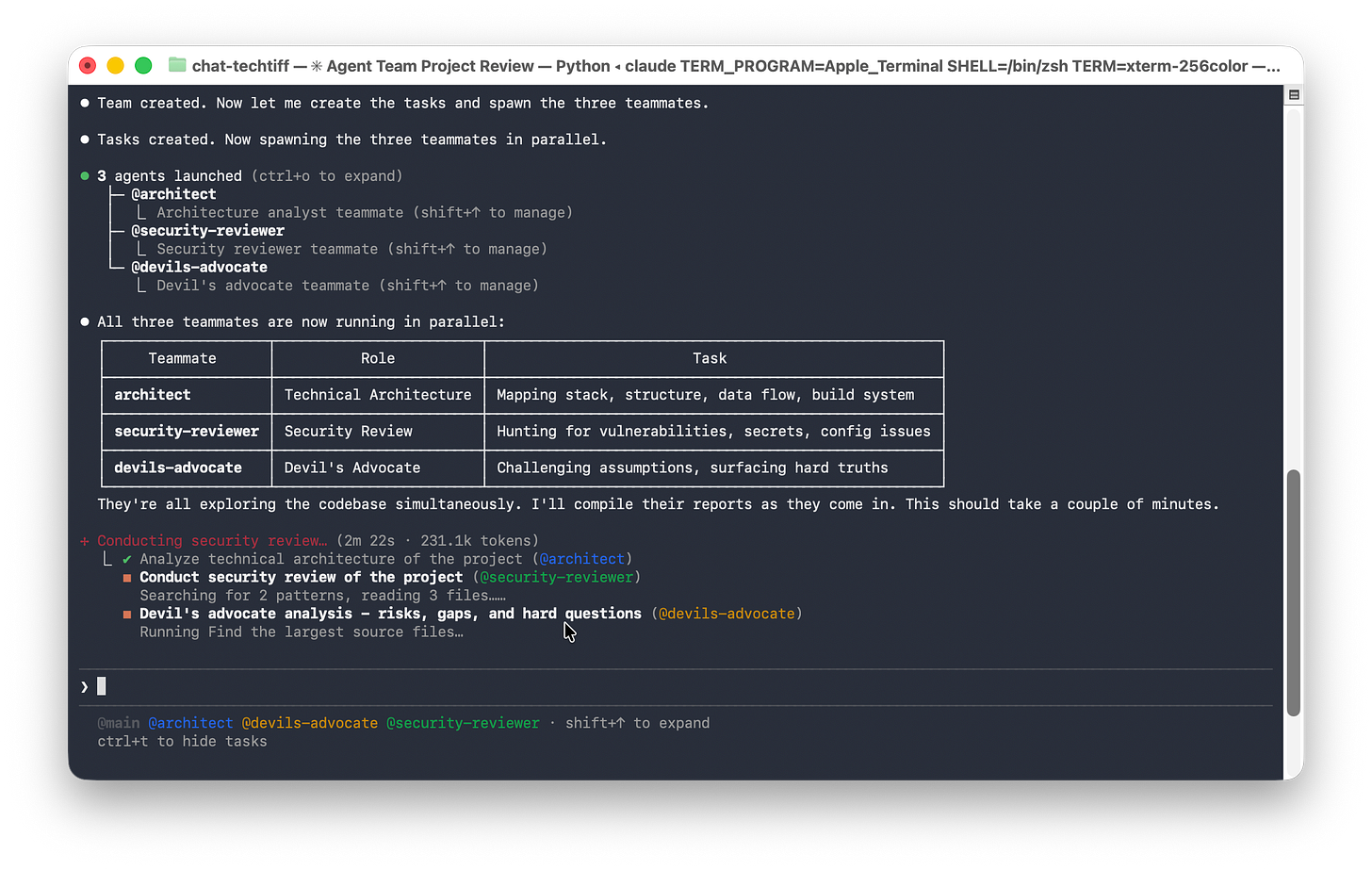 Terminal screenshot showing Claude Code Agent Teams running in parallel, with three agents launched—architect, security-reviewer, and devils-advocate—each assigned distinct roles and tasks, actively analyzing a codebase simultaneously.