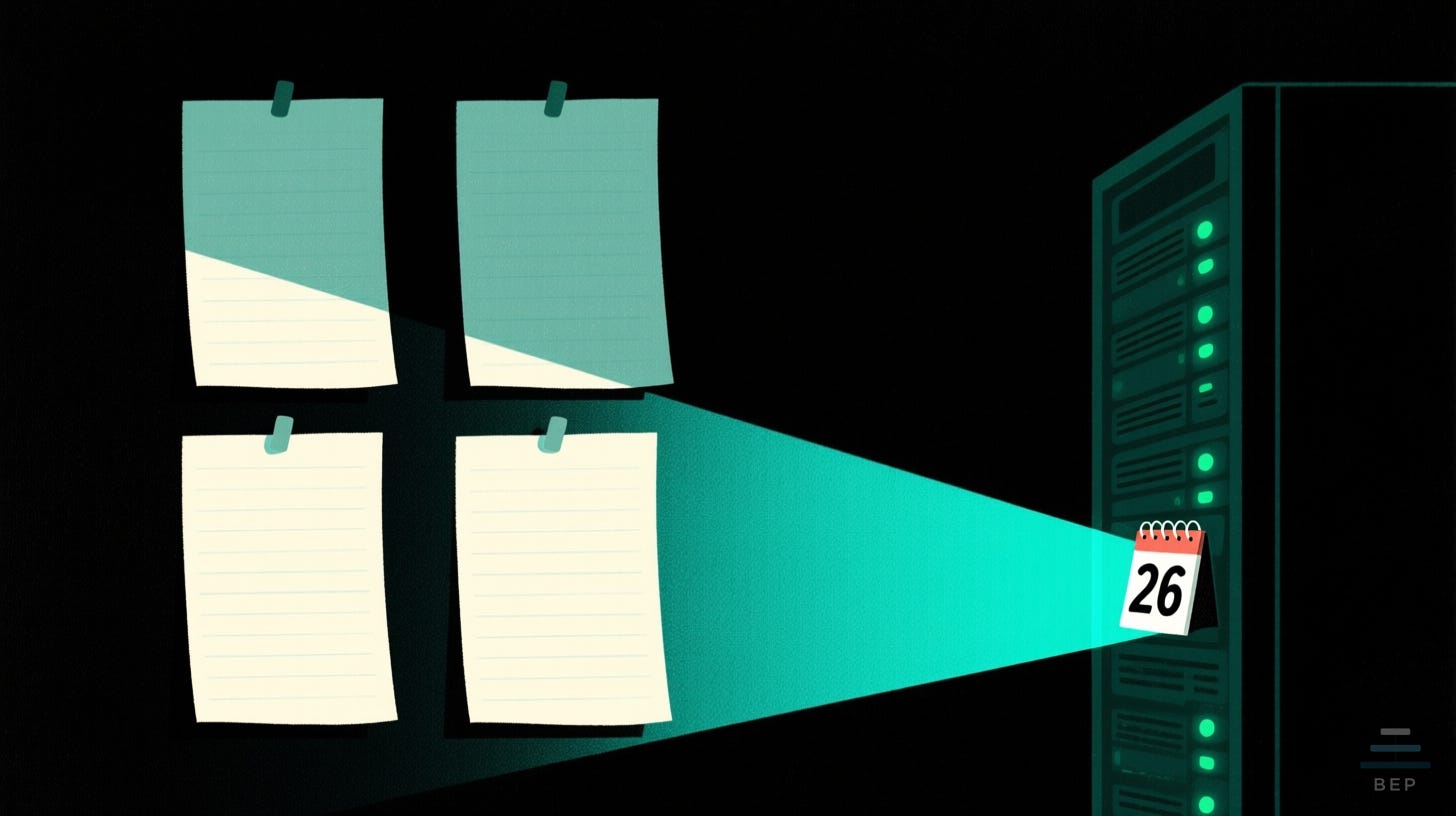 Editorial illustration of four ledger pages pinned to a dark wall, casting a beam of light that converges on a desk-calendar tile reading 26, mounted on the silhouette of a server rack.