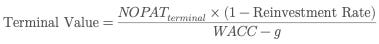 Terminal value formula in DCF: NOPAT times (1 – reinvestment rate) divided by WACC minus growth rate.