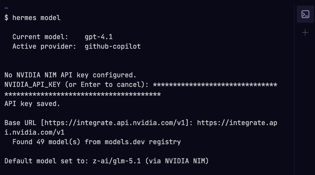 Hermes agent CLI running hermes model with NVIDIA NIM provider selected, nvapi API key and integrate.api.nvidia.com base URL configured.