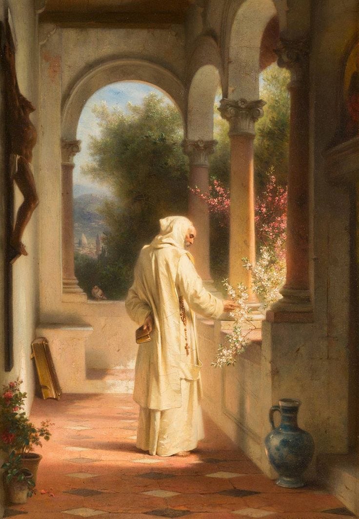 This may contain: a painting of a man holding flowers in his hand and looking at something on the ground