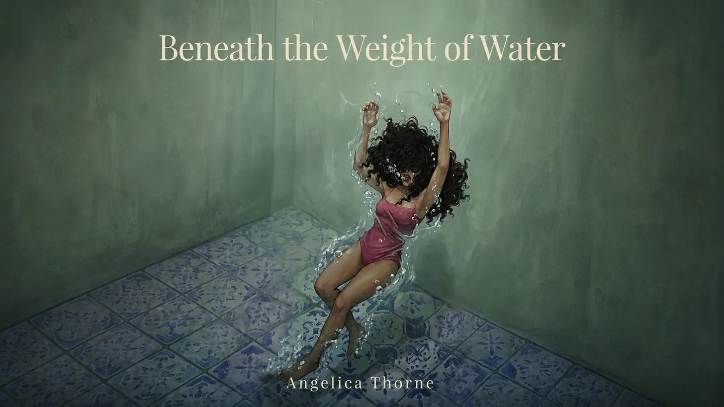 Illustration of a young woman submerged in water inside a tiled room, arms raised as she struggles, with the title Beneath the Weight of Water and the name Angelica Thorne overlaid. Illustration of a young woman submerged in water inside a tiled room, arms raised as she struggles, with the title Beneath the Weight of Water and the name Angelica Thorne overlaid.