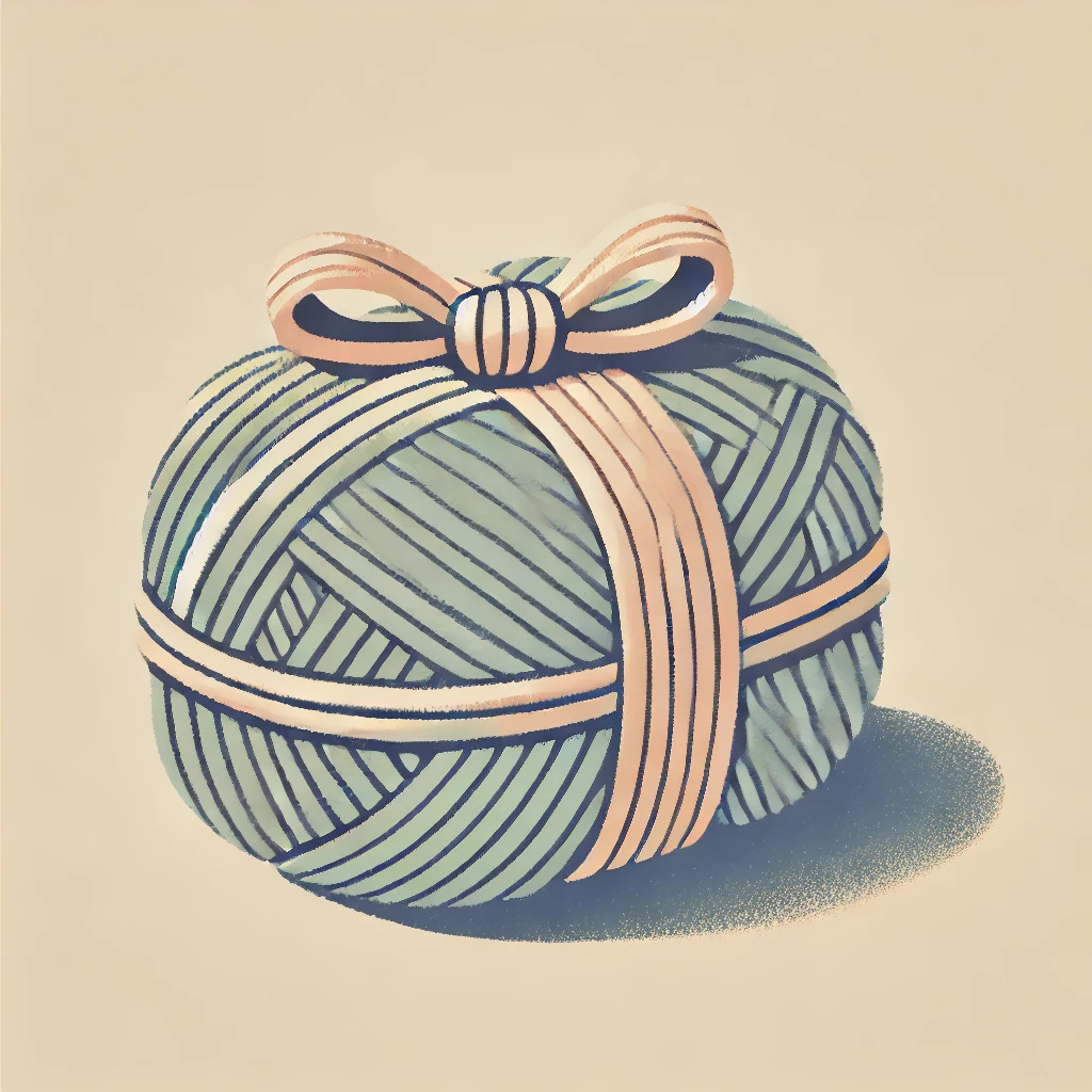 A bundle of threads or yarn tied together, illustrated in a flat pastel style with a Japanese aesthetic. Use soft, muted tones inspired by traditional Japanese art, incorporating pastel colors like those found in the provided image. The bundle should have an organic, slightly textured feel, resembling natural fibers, and be neatly bound with a simple ribbon or string.