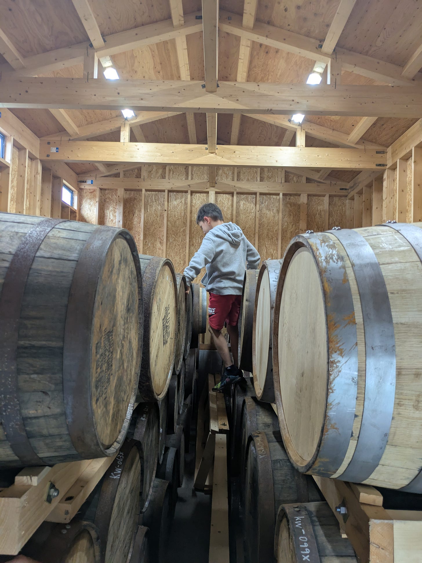 Three-tier dunnage stacking system with barrels packed tightly throughout warehouse space with 8 year old boy climbing amongst the barrels