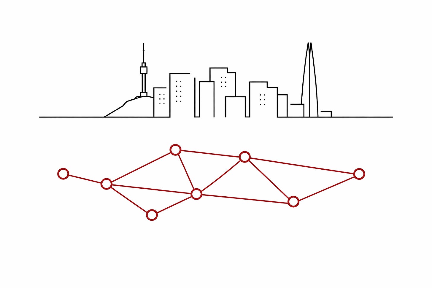 Minimal illustration of a city skyline above ground and a hidden network of connected nodes below, representing visible commerce and underlying execution infrastructure.