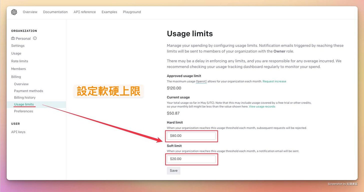 可能是‎平面圖、藍圖和‎顯示的文字是「 ‎Overview Documentation reference Examples Playground ORGANIZATION ക Personal Settings Usage Members Usage limits Billing Manage your spending configuring usage limits. Notification emails triggered limits sentto members fyour organization Owner role. ۔h history Usaglits Preferences reaching Approved delayi enforcing limits, ou responsible any overage incurred. We checking your usage tracking dashboard regularly monitor our spend. $120.00 設定軟硬上限 USER API keys Currentug talue $50.87 Hardlimit $80.00 When organization $20.00 threshold chmonth, notification Save Screenshotby知模ç配‎」‎‎ 的圖形