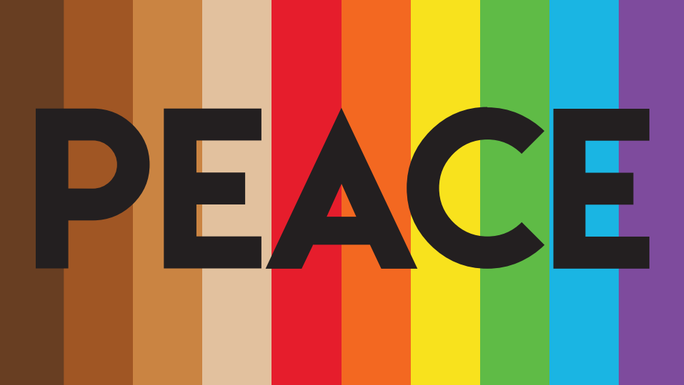 flag with 4 vertical black and tan stripes alongside 6 rainbow stripes of red, orange, yellow, green, blue and purple. The word "Peace" is written in bold black lettering across the stripes. flag with 4 vertical black and tan stripes alongside 6 rainbow stripes of red, orange, yellow, green, blue and purple. The word "Peace" is written in bold black lettering across the stripes.