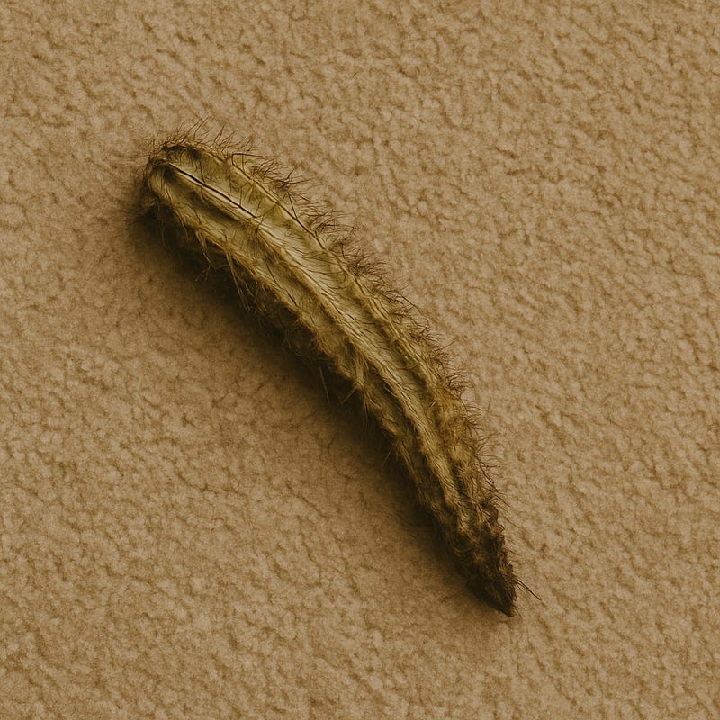 A withered, potless cactus lies diagonally on a beige carpet. The cactus is shriveled, dry, and pale, with brittle brown spines curling along its ridges. The soft texture of the carpet contrasts with the cactus’s rough, lifeless form, creating a stark, defeated image.