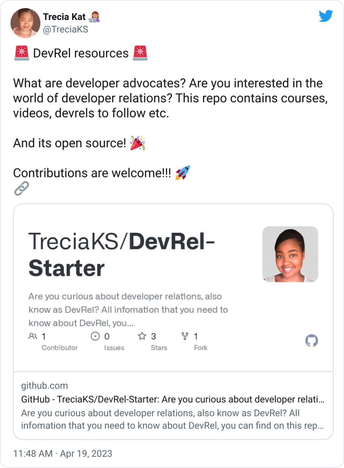 Trecia Kat 👩🏽💻 @TreciaKS 🚨 DevRel resources 🚨 What are developer advocates? Are you interested in the world of developer relations? This repo contains courses, videos, devrels to follow etc. And its open source! 🎉 Contributions are welcome!!! 🚀 🔗 Trecia Kat 👩🏽💻 @TreciaKS 🚨 DevRel resources 🚨 What are developer advocates? Are you interested in the world of developer relations? This repo contains courses, videos, devrels to follow etc. And its open source! 🎉 Contributions are welcome!!! 🚀 🔗