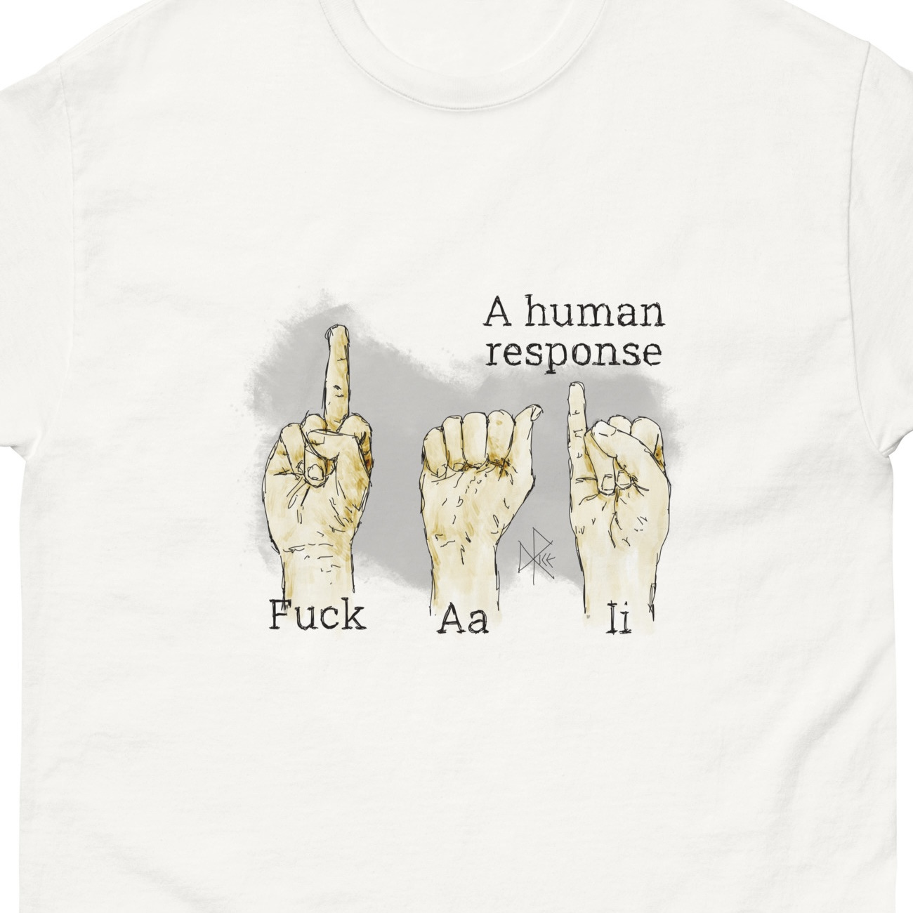 Three hands gesturing as communication, first one flipping the bird and the next two as ASL for the letters A and I - indicating ‘Fuck AI’. Sketch art by Don Rice. Three hands gesturing as communication, first one flipping the bird and the next two as ASL for the letters A and I - indicating ‘Fuck AI’. Sketch art by Don Rice.