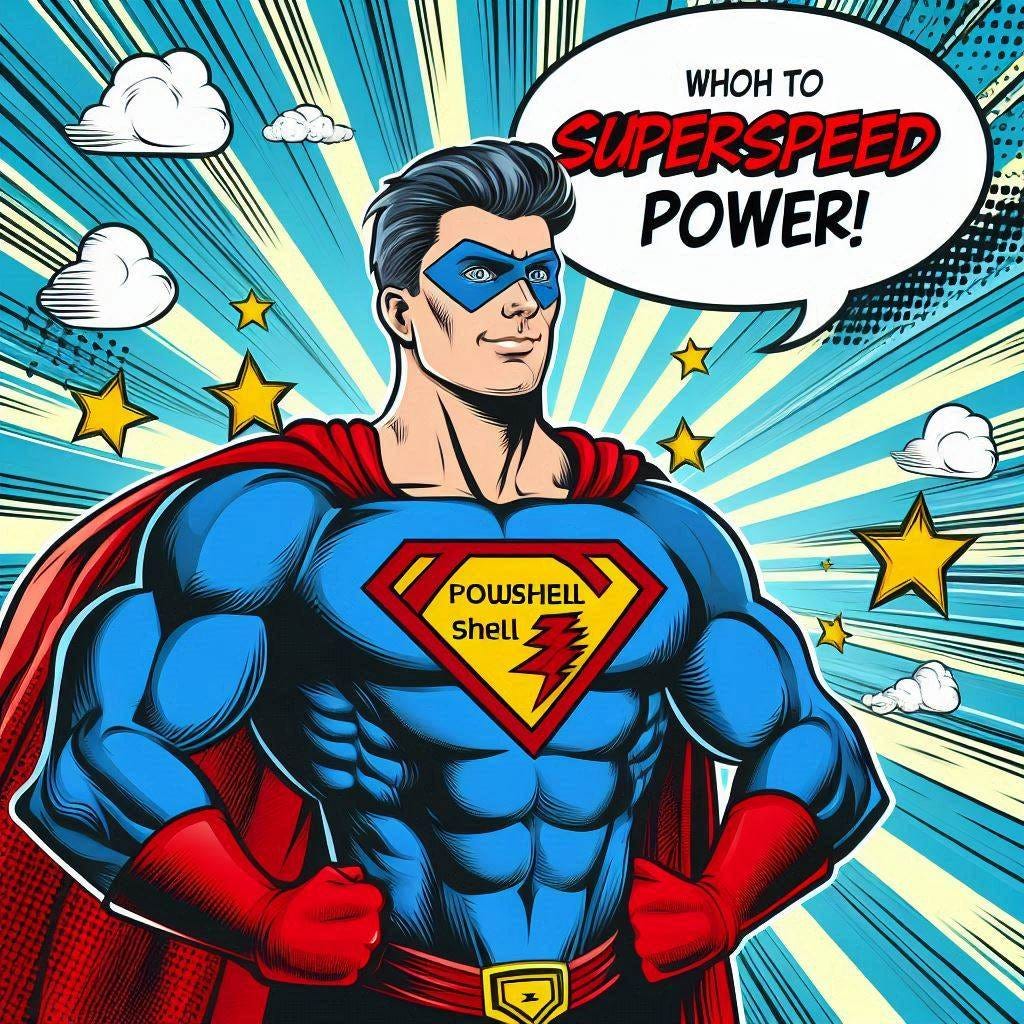 a superhero with a Powershell logo saying superspeedpower in comic artistic form