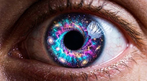 A close up of an eye with a nebula iris representing the rendering of reality A close up of an eye with a nebula iris representing the rendering of reality