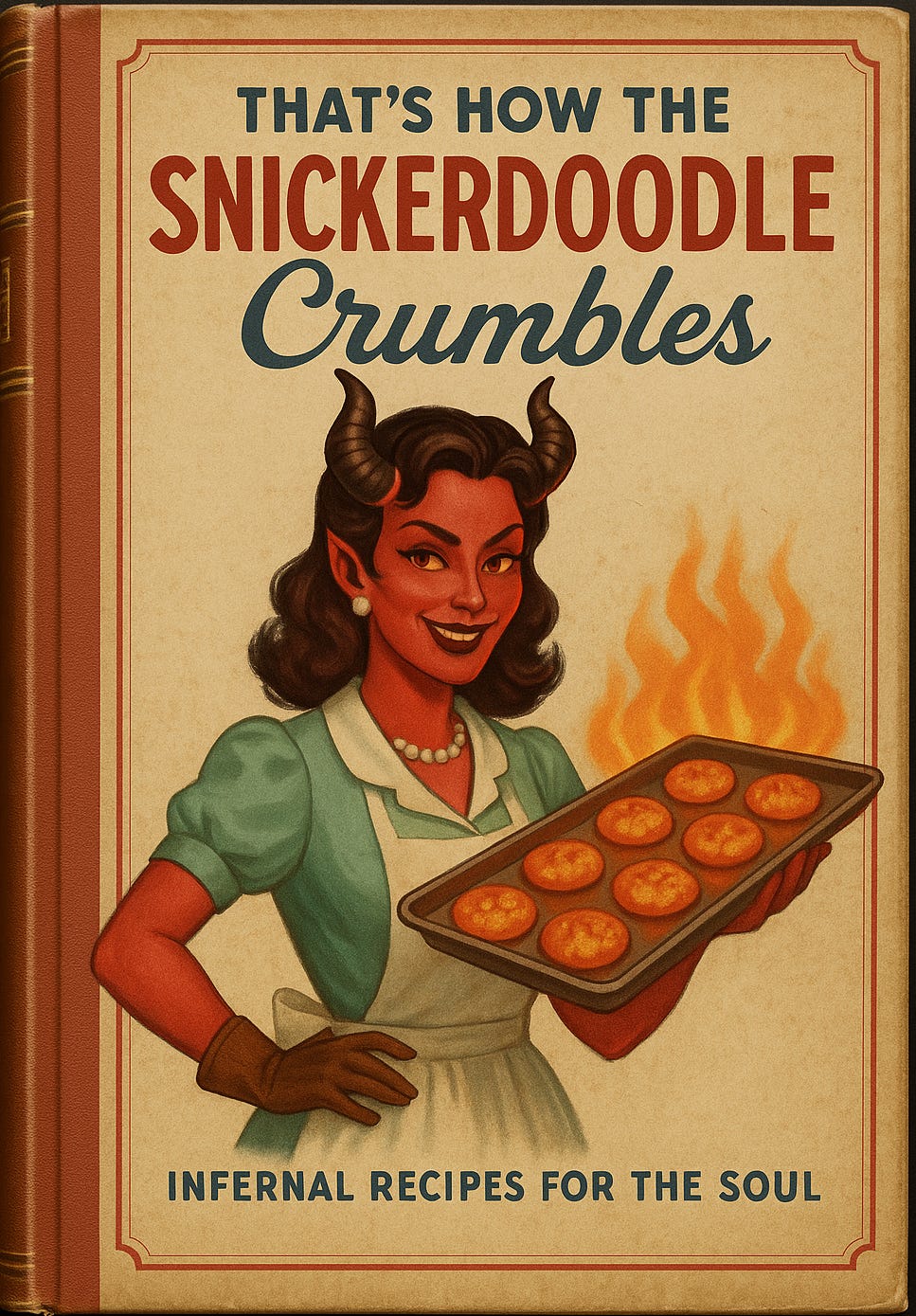 A vintage hardback cookbook titled “That’s How the Snickerdoodle Crumbles” features a smiling demon housewife in a mint-green 1950s dress and pearl necklace. She proudly presents a tray of glowing, flaming cookies against a softly aged beige background with a red border. The subtitle reads “Infernal Recipes for the Soul.” The design blends wholesome midcentury charm with infernal mischief, as if it belongs on a suburban kitchen shelf in Hell.