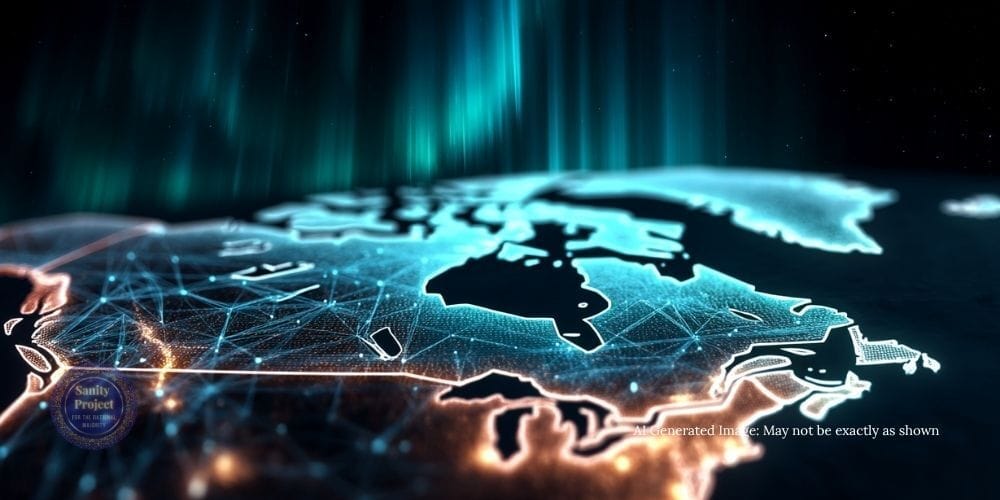 Digital map of Canada connected by glowing lines under northern lights, symbolizing national unity through CBC. Digital map of Canada connected by glowing lines under northern lights, symbolizing national unity through CBC.