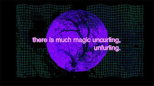 digital image: pink glittery text reads “there is much magic uncurling, unfurling.” behind this a purple sphere with tree shadows spins, behind this a light green net moves gently, all on a black background. digital image: pink glittery text reads “there is much magic uncurling, unfurling.” behind this a purple sphere with tree shadows spins, behind this a light green net moves gently, all on a black background.