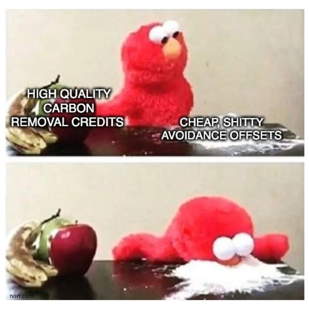Two photos of an Elmo doll at a table. First, beside fruit labelled "high quality carbon removal credits" and a pile of white powder labelled "cheap, shitty avoidance offsets". Then Elmo face down in the powder.