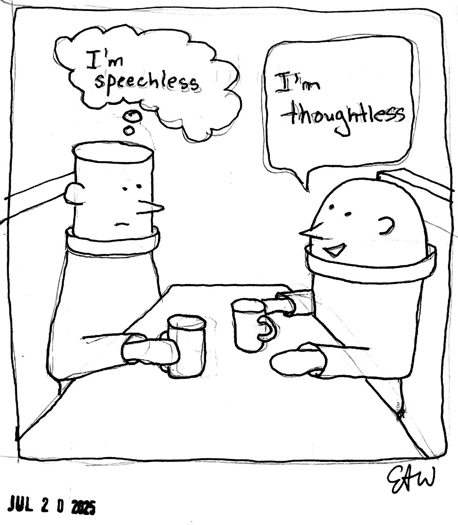 Black and white scan of the same cartoon. Single panel cartoon showing two characters sitting in a diner booth each with a mug of coffee. One character has a thought bubble that reads I'm speechless, while the other has a speech bubble that says I'm thoughtless. Black and white scan of the same cartoon. Single panel cartoon showing two characters sitting in a diner booth each with a mug of coffee. One character has a thought bubble that reads I'm speechless, while the other has a speech bubble that says I'm thoughtless.