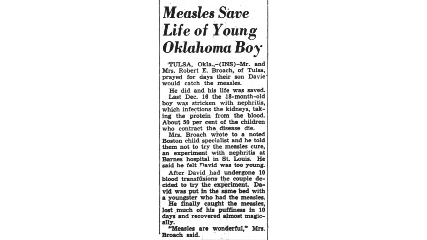 1950 newspaper clipping from the Statesman Journal reporting on an Oklahoma toddler whose recovery followed deliberate exposure to measles, including the quoted line “Measles are wonderful,” attributed to the child’s mother.