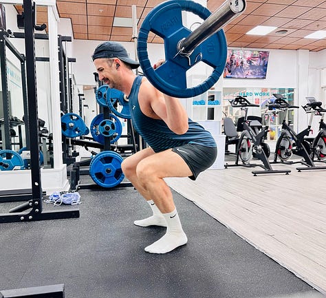 Three gym photos from Tenerife showing pull ups, barbell squats, and dumbbells during a vacation training session.