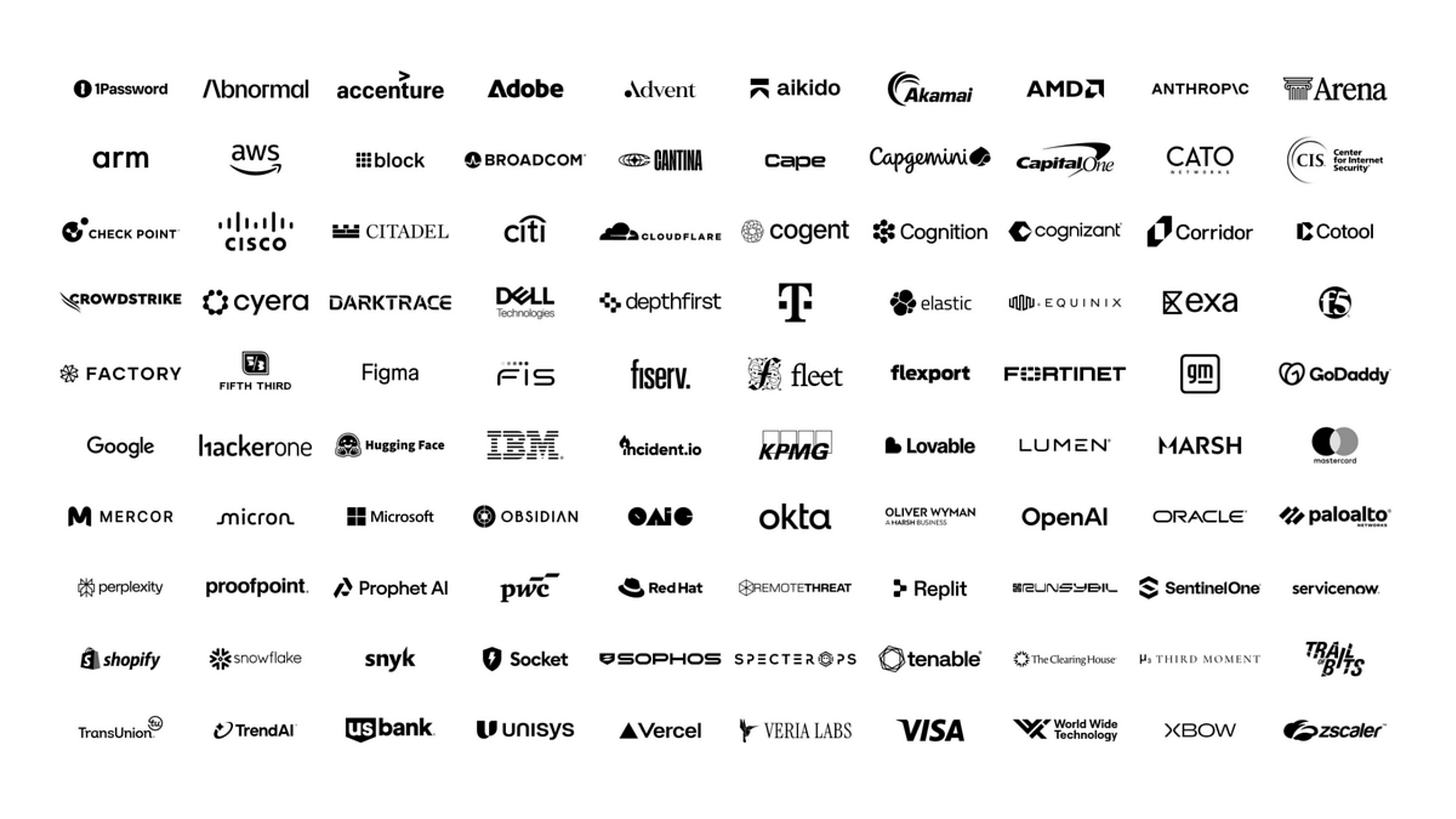Logotipos de las más de 100 organizaciones firmantes de la carta conjunta sobre ciberataques con IA, incluyendo OpenAI, Google, Microsoft, Anthropic, Cisco, IBM y Visa