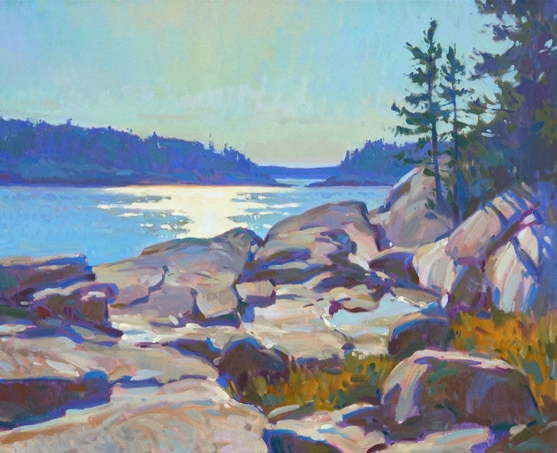 A painting of a lake and trees

Description automatically generated