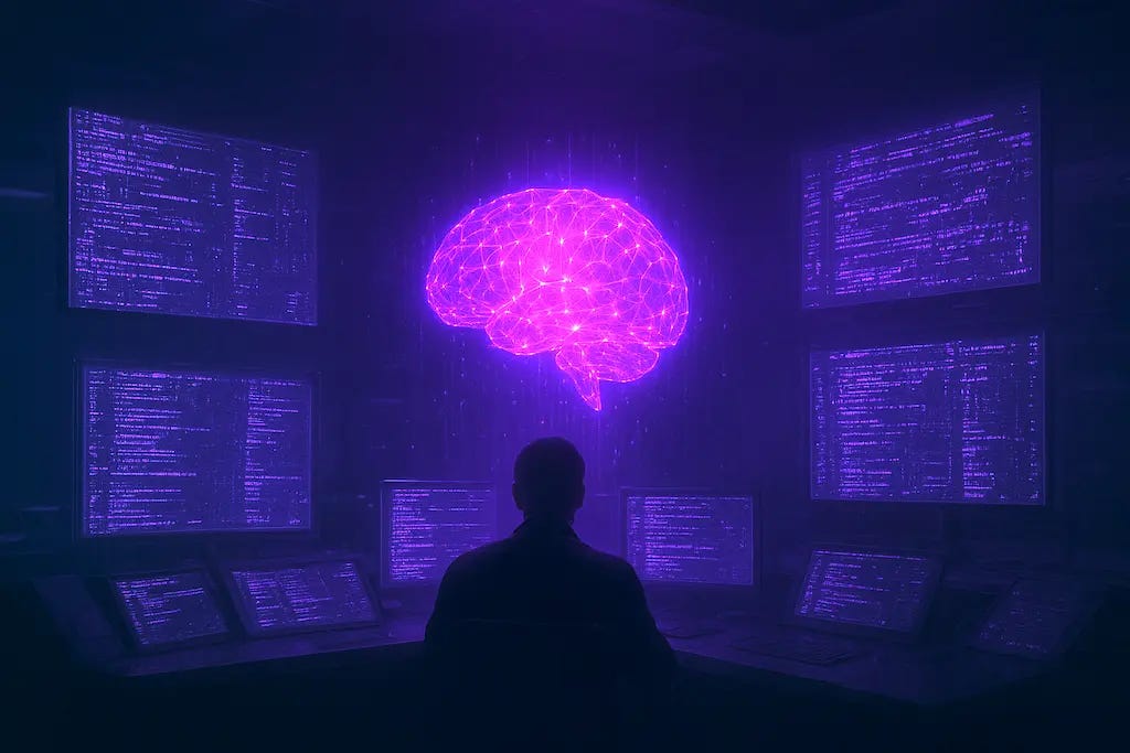 IA autônoma em sala de controle, com códigos se replicando e atmosfera de alerta diante de um operador atônito..