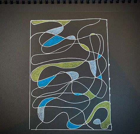 three drawings - a spiral on craft paper, a grid of lines over a cyanotype, intersecting curved lines with coloured shapes