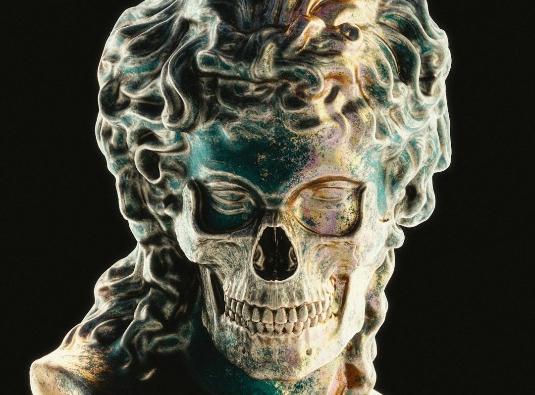 a statue of a man with a skull on his head