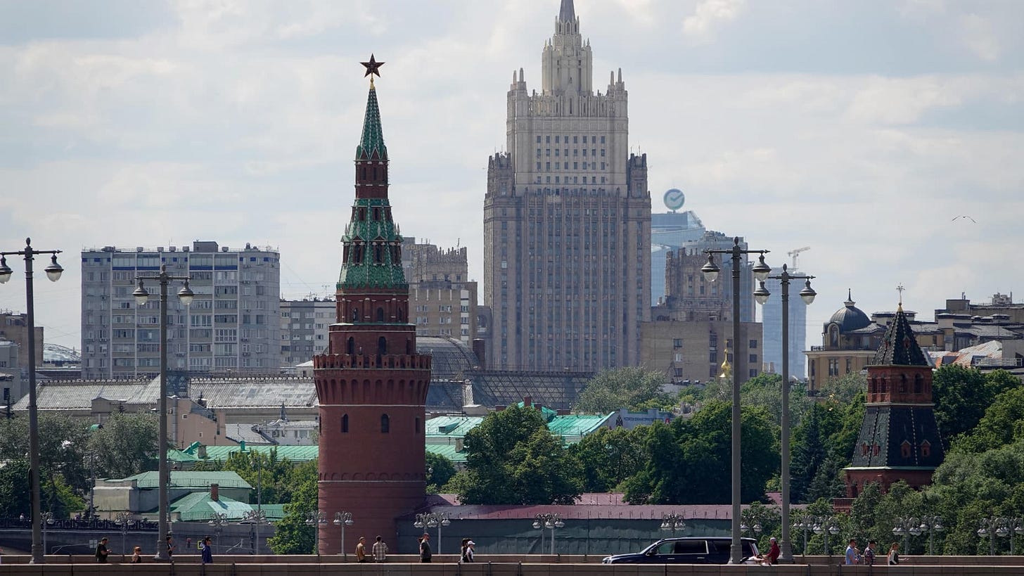 09 June 2024, Russia, Moskau: A guardhouse of the Kremlin (l) and the Foreign Ministry (M, background) stand in the center of the capital. Photo: Ulf Mauder/dpa (Photo by Ulf Mauder/picture alliance via Getty Images)