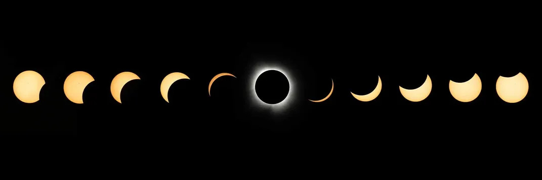 a series of shots of the eclipsed sun in a horizontal line, with the moon gradually covering the full surface then moving away
