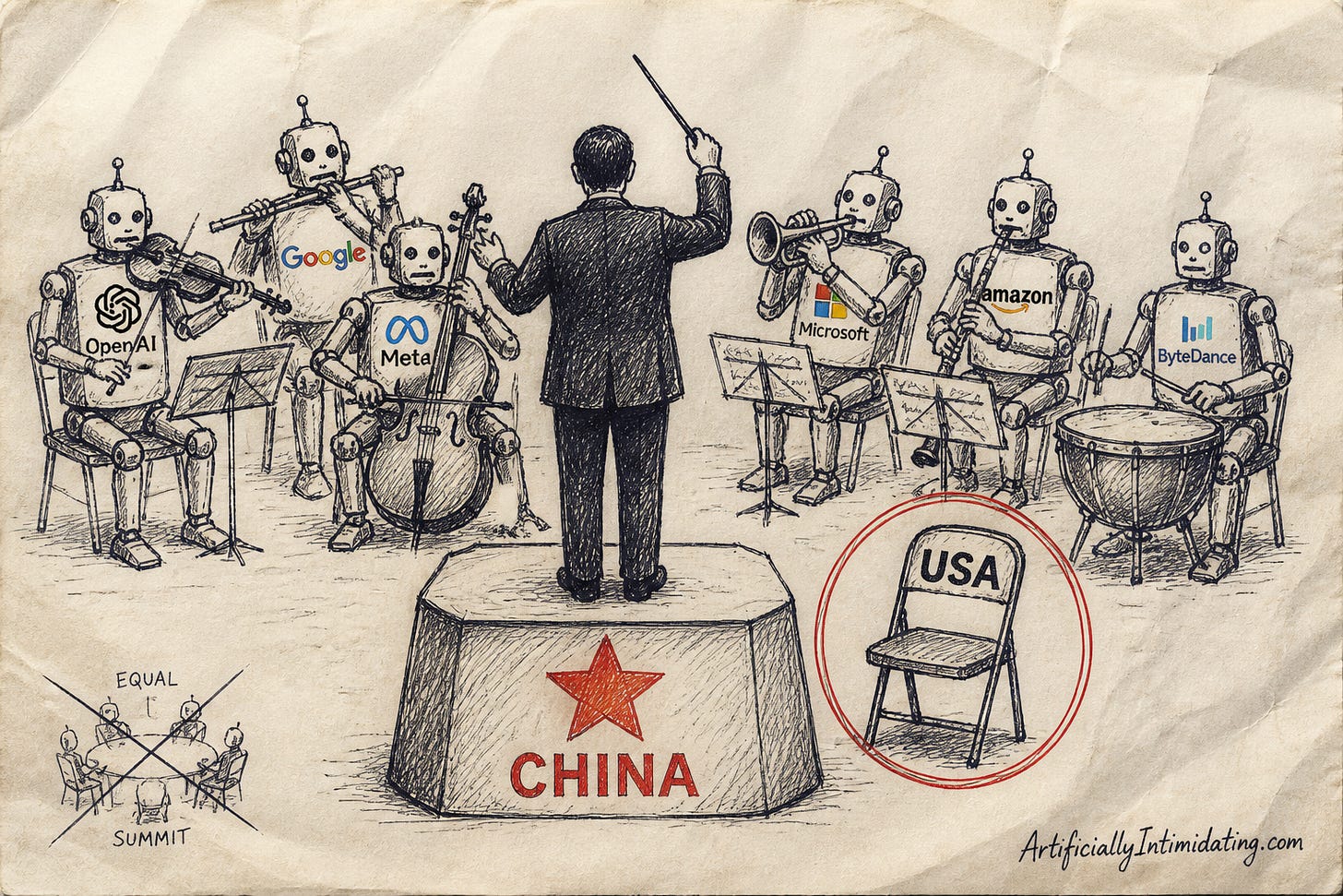 Editorial cartoon: a conductor on a China-starred podium leads a robot orchestra of US tech logos while the USA chair sits empty