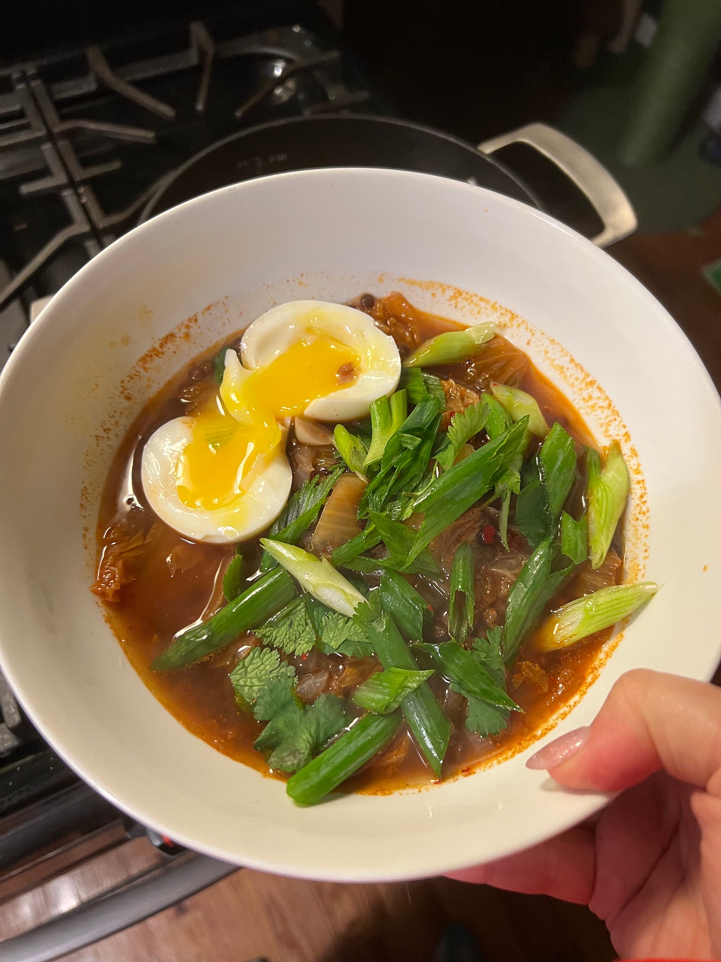 reddish brown soup topped with scallion and cilantro and a six minute egg cut in half