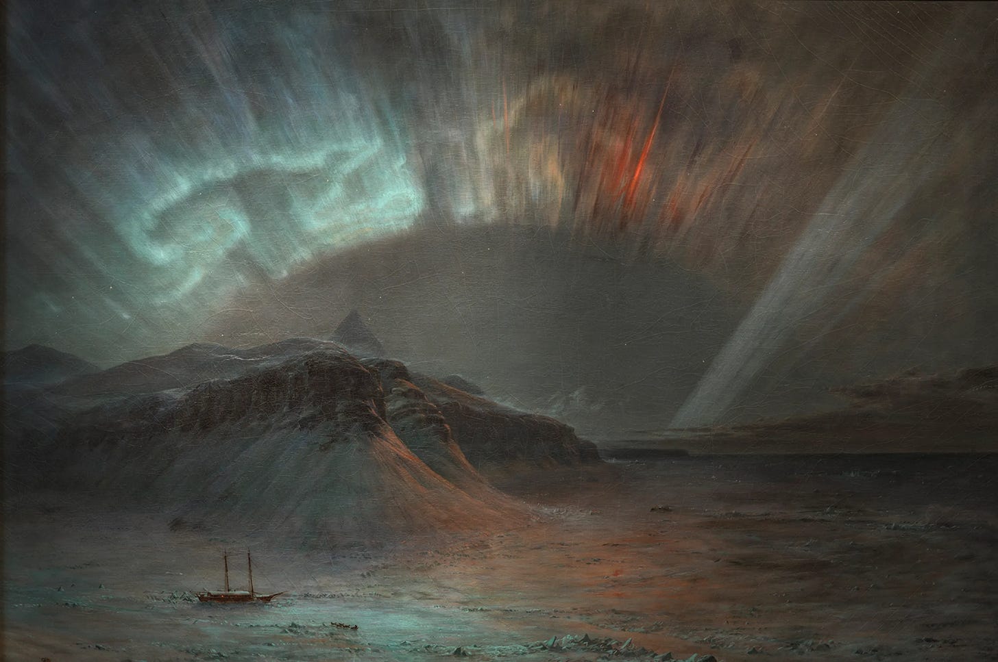 Image is a painting of the aurora borealis at night over dark mountains and an ice-covered sea, with an icebreaker ship at the bottom left that is diminished by the magnitude of its surroundings. Image is a painting of the aurora borealis at night over dark mountains and an ice-covered sea, with an icebreaker ship at the bottom left that is diminished by the magnitude of its surroundings.