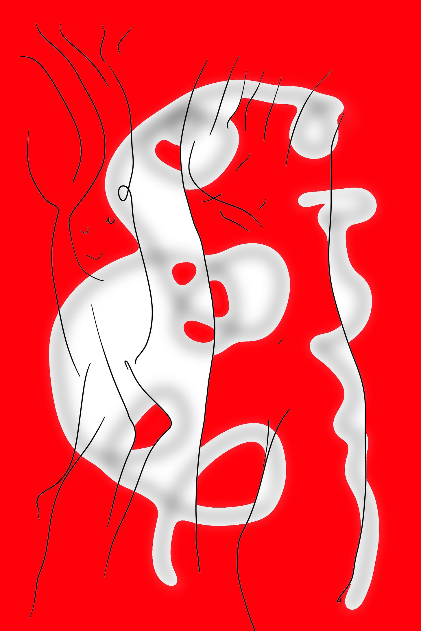 An abstract field of red with thin black lines evoking dancing figures, while a clouded silver white silhouette shape evokes another dance. Art by Doodleslice 2018