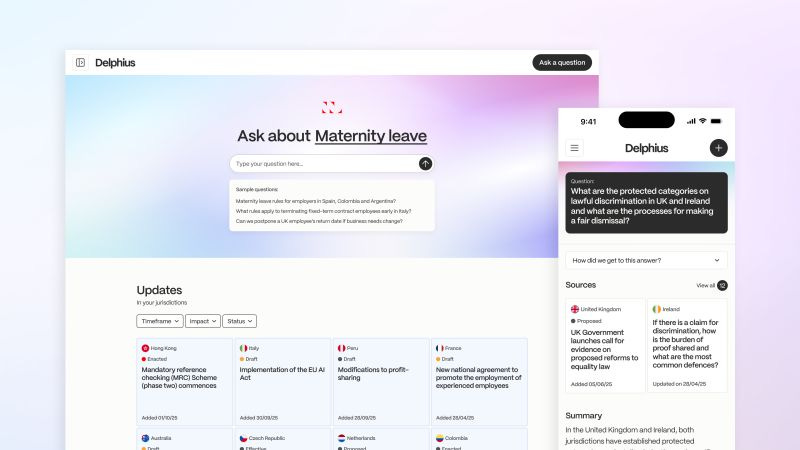 Screenshot of Delphius legal platform interface showing a search tool for employment law questions on maternity leave, recent jurisdiction updates from countries like Hong Kong, Italy, and France, and a mobile view displaying a question about lawful discrimination in the UK and Ireland with sources and summaries.