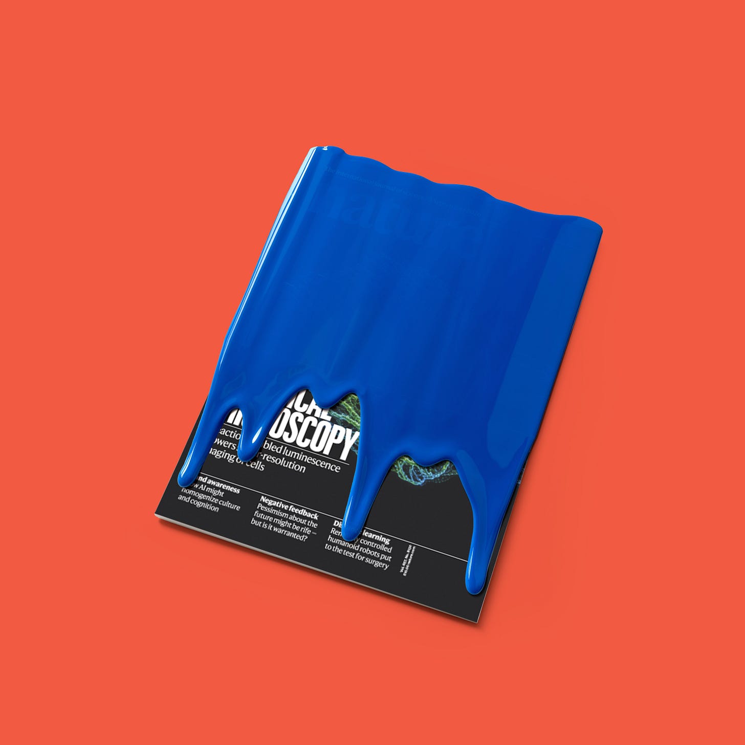 Photo-based illustration of a magazine covered in blue paint against a red background. Photo-based illustration of a magazine covered in blue paint against a red background.